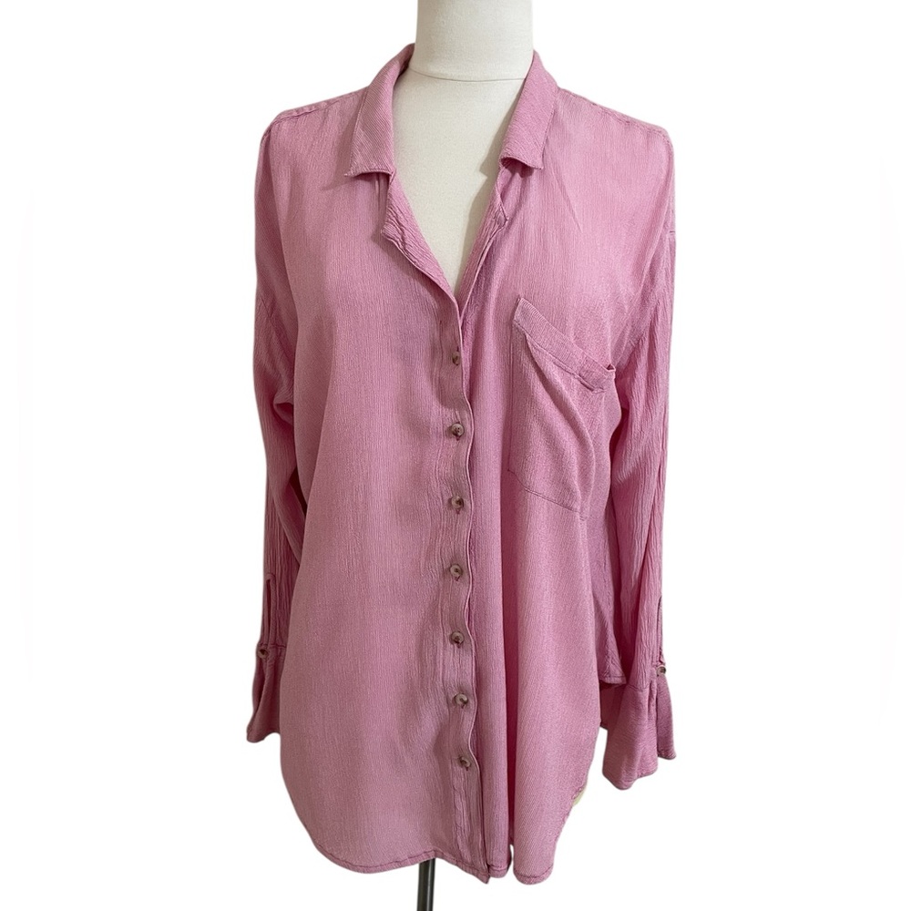 FREE PEOPLE Pink Tiny Pinstripe Relaxed Fit Button Down Tulip Cuff Shirt Size XS